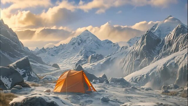 Camping with tent at mountain. 4k video animation