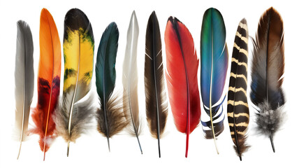 An array of colorful bird feathers displayed side by side, vibrant against a white background. - obrazy, fototapety, plakaty