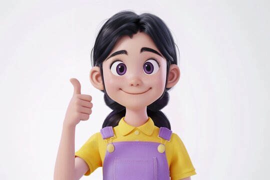 A lovely and sweet Asian brunette girl sporting casual fashion is depicted, giving a thumbs up for a job well done over white setting and space, Generative AI.