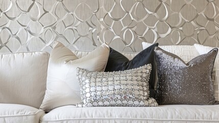 In a chic living room a large feature wall showcases a geometric patterned textured wallpaper overlaid with layers of silver beaded accents. The combination of the intricate pattern .