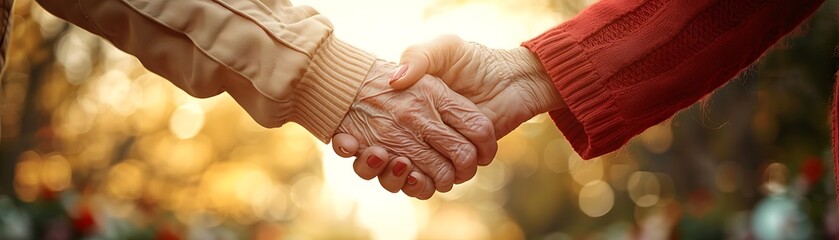 Macro shot of an elderly couple holding hands, symbolizing love and support through the aging process - obrazy, fototapety, plakaty