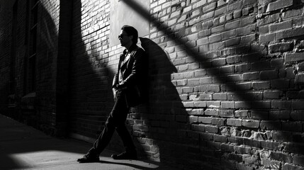 A black and white image of a photographer leaning against a brick wall lost in thought while waiting for their next subject to arrive. The shadows and angles in the composition add .