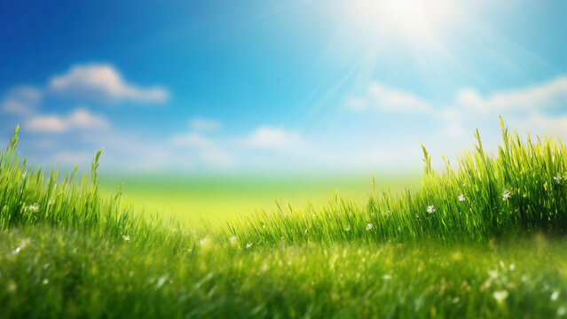 Green grass and blue sky with sun rays. Spring nature background.