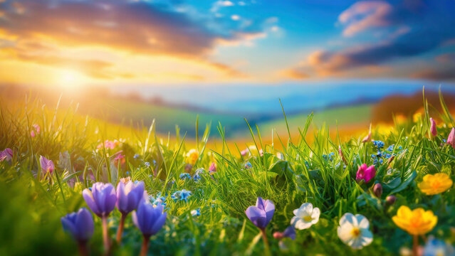 Spring meadow with wild flowers and sun at sunset. Beautiful nature background