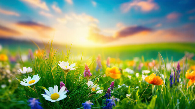 Spring meadow with wild flowers and sun at sunset. Beautiful nature background