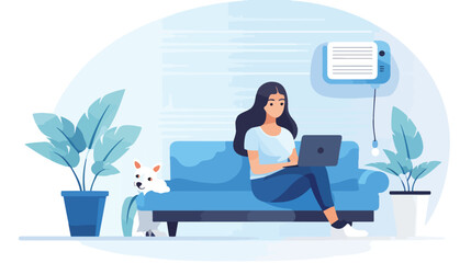 Woman sitting on sofa with cat and laptop under air