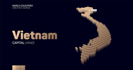 Isometric map of Vietnam with golden hexagon lines
