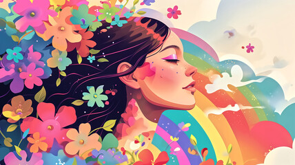 A whimsical illustration of a serene woman surrounded by a burst of colorful flowers and abstract shapes, exuding happiness and creativity.

