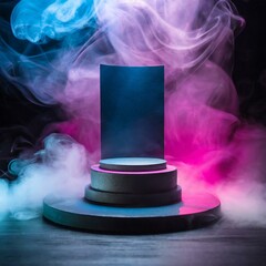 smoke in the smoke,close up an empty podium dramatic black background with neon light pink blue light background enveloped in swirling dark smoke,
