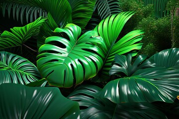 a collection of tropical leaves and foliage against a green space background, inspired by nature, 3d rendered, 
