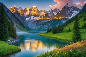 a beautiful panoramic vista of a majestic mountain range bathed in the golden light of sunrise, with lush green valleys - obrazy, fototapety, plakaty