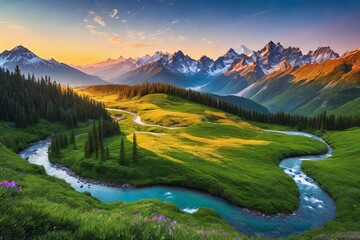  a beautiful panoramic vista of a majestic mountain range bathed in the golden light of sunrise, with lush green valleys