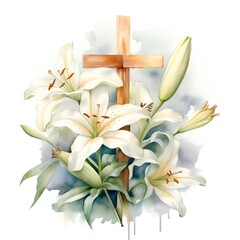 Beautiful vector image with nice watercolor lily flowers and wooden cross - obrazy, fototapety, plakaty
