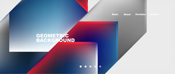 A light geometric background features red, blue, and white triangles on a white backdrop. The design resembles a hightech gadget with sharp angles and vibrant colors