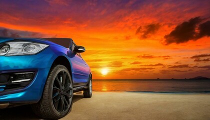 Fototapeta na wymiar Wallpaper compact SUV car with sport and modern design parked on concrete road by the sea beach at sunset. Front view of luxury car. New SUV car with beautiful red sunset sky and clouds at the beach.