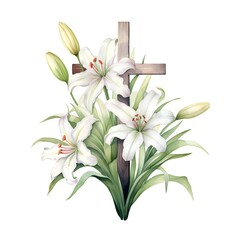 White lily flowers and wooden cross. Watercolor hand drawn illustration