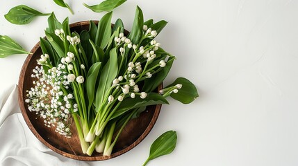 Over a circular wooden platter with blooms and newly green, lovely scented wild garlic, there is a white backdrop deleterious and space, Generative AI. - obrazy, fototapety, plakaty