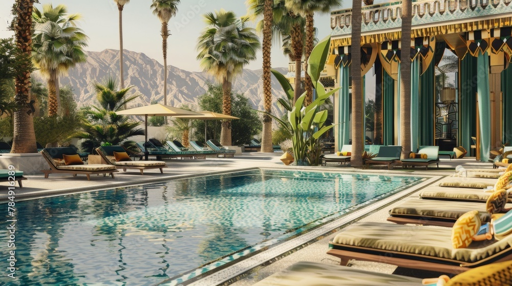 Poster art deco oasis step into a mesmerizing desert oasis with an art deco twist featuring a palatial pool