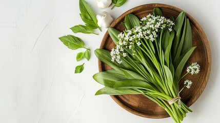 Over a circular wooden platter with blooms and newly green, lovely scented wild garlic, there is a white backdrop deleterious and space, Generative AI. - obrazy, fototapety, plakaty