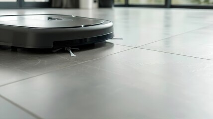 Modern robotic Vacuum cleaner  for cleaning on the floor in light living room. Cleaning home with a  vacuum cleaner.  commercial image, free place for text .