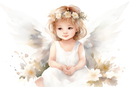 Cute little angel girl with white wings and flowers. Watercolor illustration.