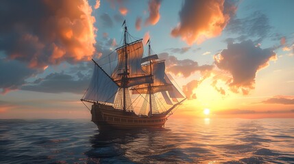 Sailing Ship at Sunset on the Ocean - obrazy, fototapety, plakaty