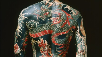 The canvas of their back is completely covered in a sprawling Japaneseinspired dragon tattoo. .