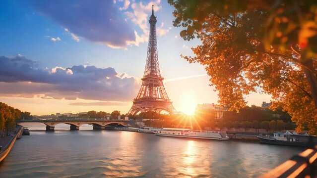 Aerial close up view of Paris Eiffel Tower Tour de Eiffel and panoramic view over Seine River and Paris city attractions at sunset, 4k footage, videos, slow motion
