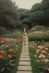 photography of A solitary traveler exploring a tranquil in a garden with colorful flowers