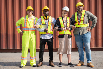 Portrait Team Asia, African, caucasian logistic engineer worker or foreman at container site	