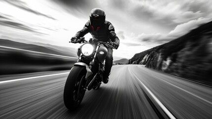 A motorcycle rider speeding on a road - obrazy, fototapety, plakaty
