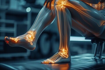 An illustration of double exposer of pain in leg with orange or red radiation with a big space for text or product advertisement, Generative AI. - obrazy, fototapety, plakaty