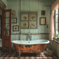 Old-Fashioned Parlor with Copper Tub and Checkered Floor