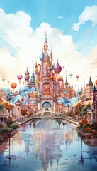 Obraz premium Paint a vibrant watercolor illustration of a whimsical amusement park viewed from a birds-eye perspective, capturing romantic stories unfolding in virtual reality booths
