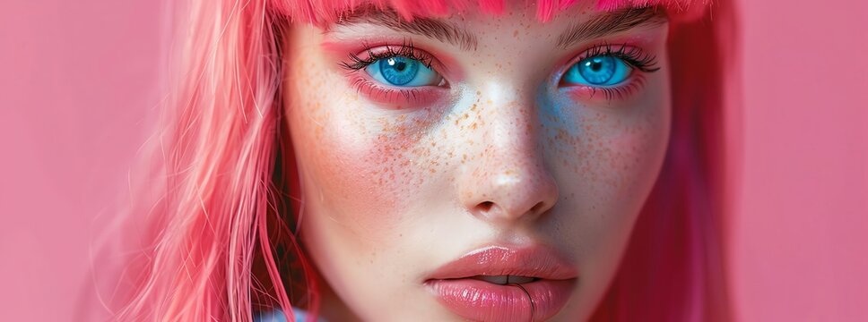 portrait of an instagram model with long bangs blue eyes bright pink hair