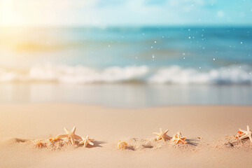 Serene beach scene with starfish on the shore, glistening under the sun, AI Generative.
