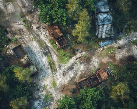 overhead battle map view, outdoor postapocaliptic radio active toxic waste on forest lane sceen, top view,