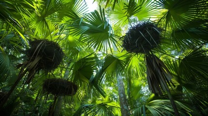In the midst of a lush forest tall palm trees stand out with their bright green leaves and delicate bird nests nestled in their branches. The leaves rustle gently as the birds fly .