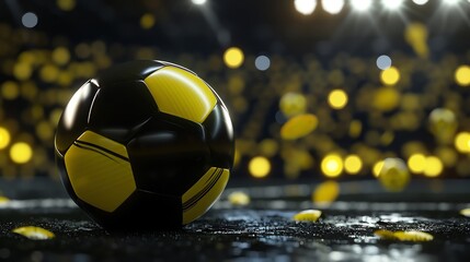 a voucher for a soccer match of the team dynamo dresden, sharp focus on an ball, black and yellow color palette - obrazy, fototapety, plakaty