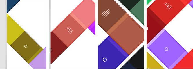 A vibrant collage of brown, purple, and violet squares in various shapes like rectangles and triangles, reminiscent of textile art, on a white wood flooring background