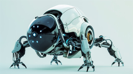 A robot equipped with a helmet is moving on a sleek white surface. The futuristic design combines elements of automotive exterior and personal protective equipment