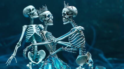 1800s romanticism style, a female skeleton wearing a blue dress and crown, dancing with a skeleton prince