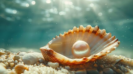Over the seafloor depicting undersea ocean bottom fauna with depiction of marine life is a pearl in an oyster shell and space, Generative AI.
