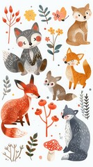 Fototapeta premium This charming illustration features a variety of cute foxes in different poses with beautiful forest flora, creating a heartwarming woodland scene.