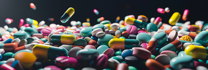 Assorted colourful pills and tablets spread out on a table - obrazy, fototapety, plakaty
