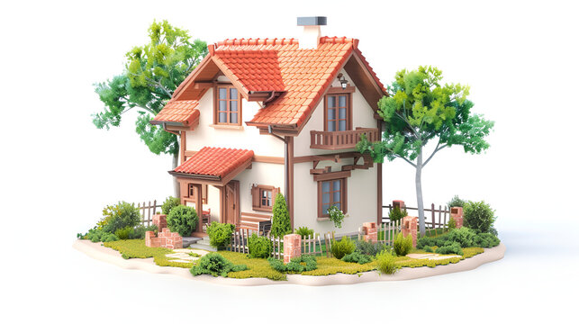 Model of a family house isolated on white background ,white house with red roof and garden isolated on white. the photo showcases a light orange and gray color scheme, with a soft realism style