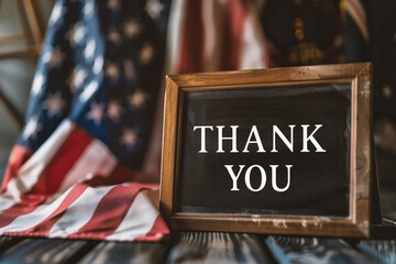 Thank you text on chalkboard with american flag