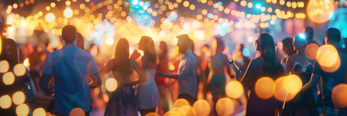  A group of people gathered in front of a brightly lit dance floor - obrazy, fototapety, plakaty