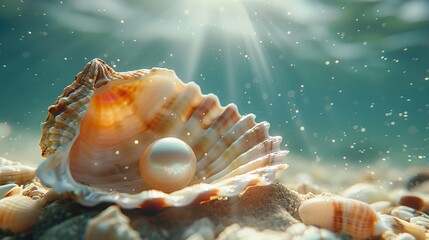 Over the seafloor depicting undersea ocean bottom fauna with depiction of marine life is a pearl in an oyster shell and space, Generative AI. - obrazy, fototapety, plakaty