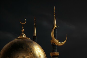 Dome of the mosque with golden crescent moon on a dark background